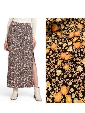Nili Logan for Target Floral Maxi Skirt with Side Slit - Black & Orange NWT